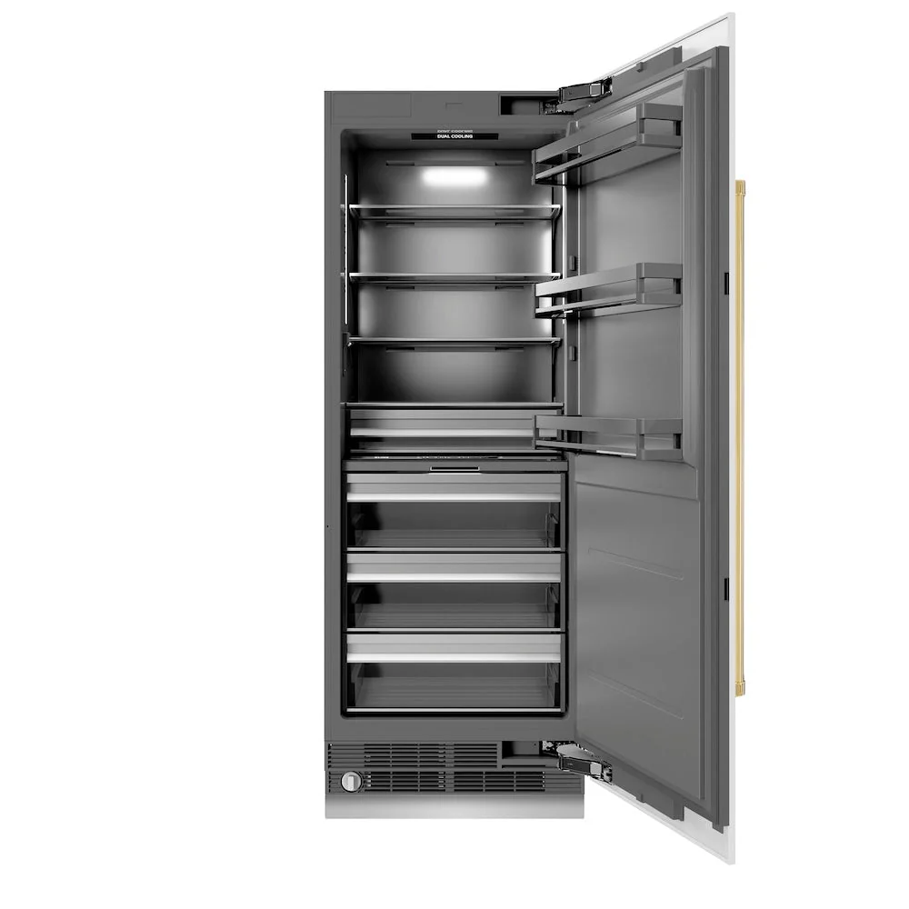 ZLINE Autograph Edition 30 in. 16.7 cu. ft. Column Refrigerator in White Matte with Graphite Gray Interior and Polished Gold Accents (RCRVZ-WM-30-G)