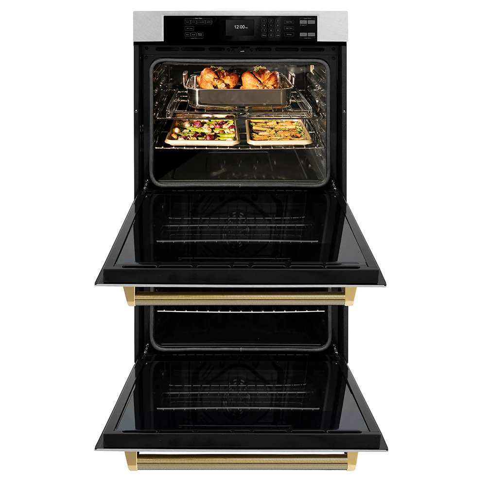 ZLINE Autograph Edition 30 in. Professional True Convection Double Wall Oven with Air Fry and Self Clean in Satin Stainless Steel with Polished Gold Helix Handles (WADSZ-30-KG) - Image 6