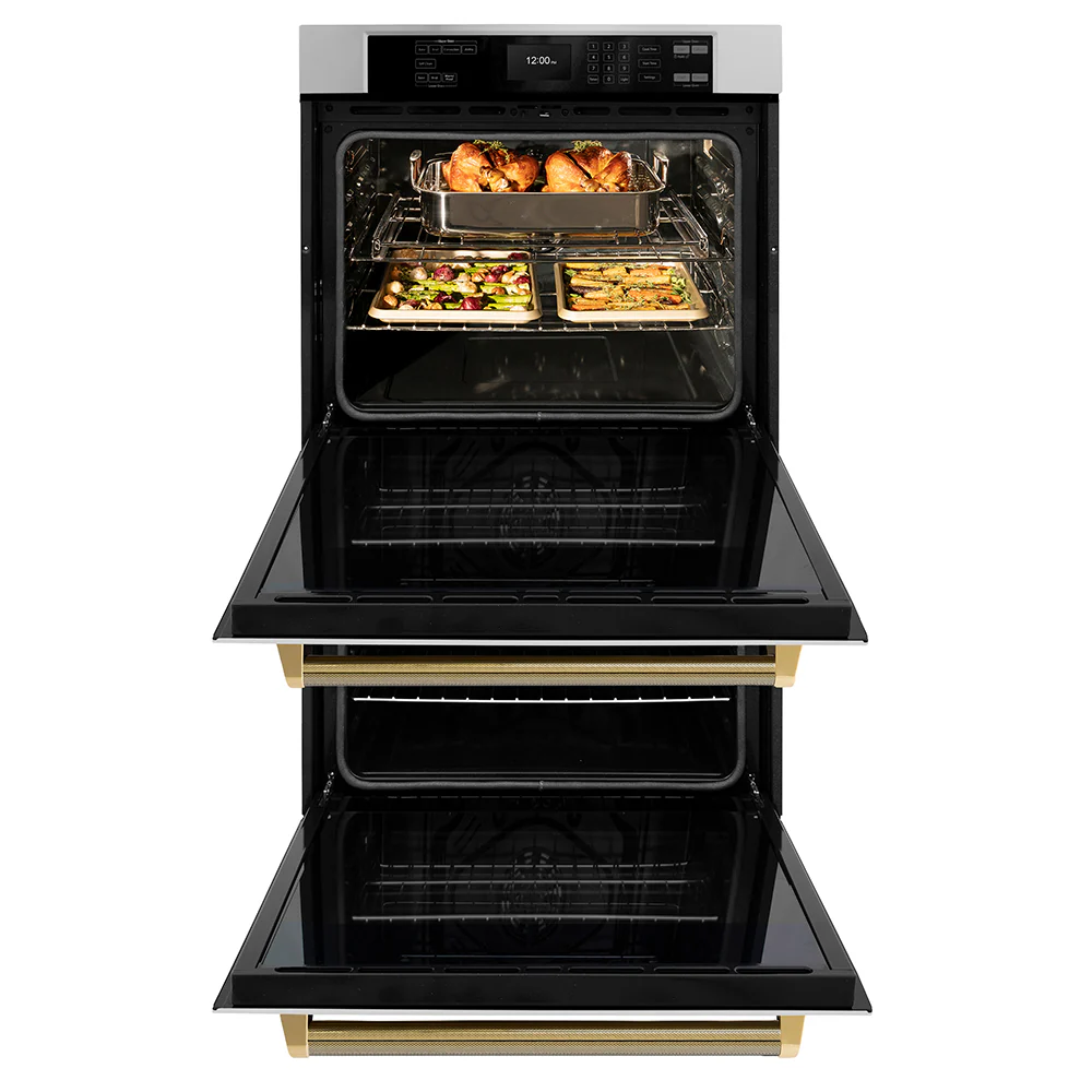 ZLINE Autograph Edition 30 in. Professional True Convection Double Wall Oven with Air Fry and Self Clean in Stainless Steel with Polished Gold Helix Handles (WADZ-30-KG) - Image 6