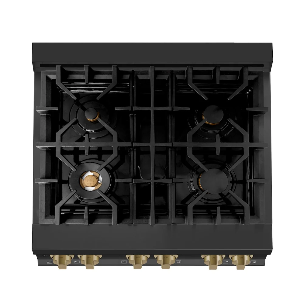 ZLINE Autograph Edition 30 in. 4.0 cu. ft. Legacy Dual Fuel Range with 4 Burner Gas Cooktop and Electric Convection Oven in Black Stainless Steel and Champagne Bronze Accents, Open Box-Great Condition - Image 2
