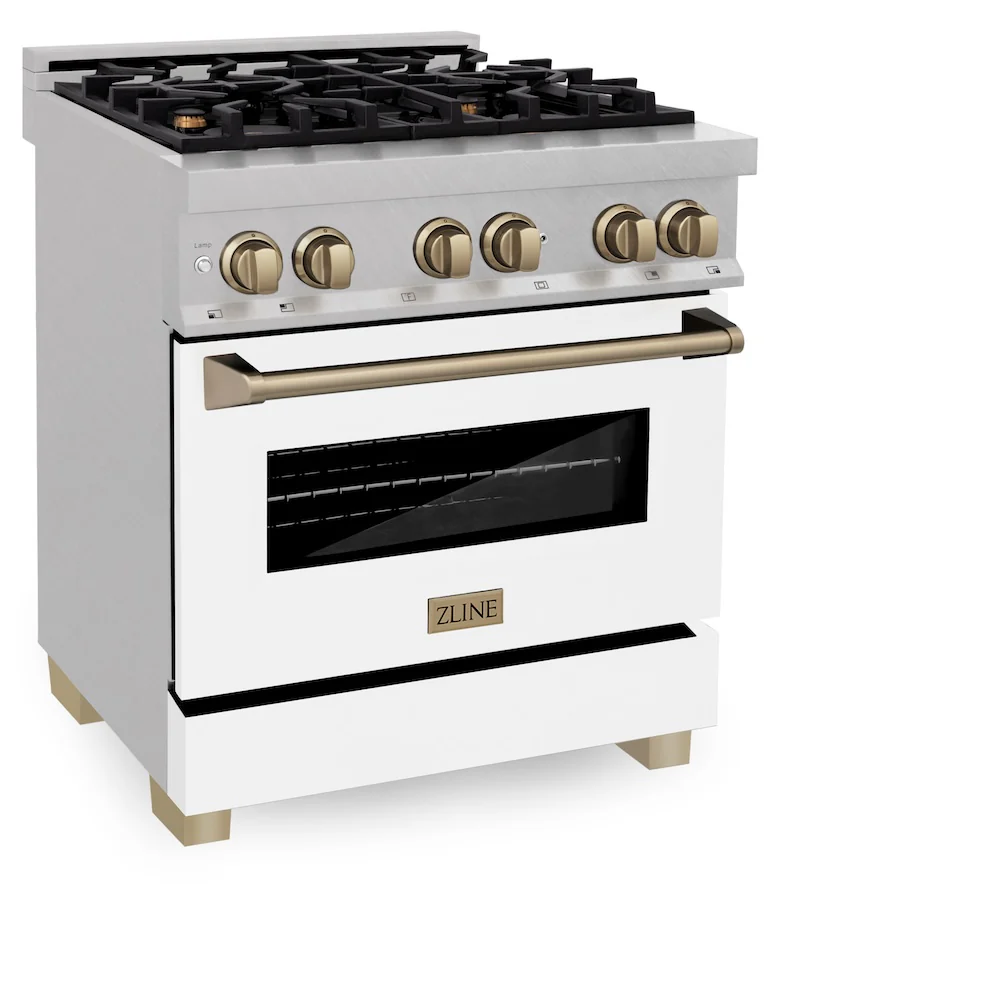 ZLINE Autograph Edition 30 in. 4.0 cu. ft. Legacy Dual Fuel Range with 4 Burner Gas Cooktop and Electric Convection Oven in Satin Stainless Steel with White Matte Door and Champagne Bronze Accents, Open Box-Great Condition - Image 5