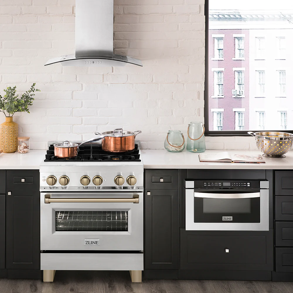 ZLINE Autograph Edition 30 in. 4.0 cu. ft. Legacy Dual Fuel Range with 4 Burner Gas Cooktop and Electric Convection Oven in Stainless Steel and Champagne Bronze Accents, Open Box-Good Condition - Image 2