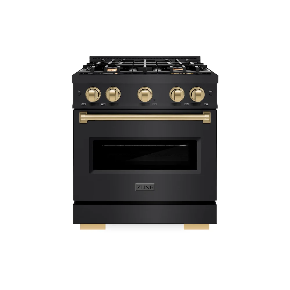 ZLINE Autograph Edition 30 in. 4.2 cu. ft. Classic Dual Fuel Range with 4 Burner Gas Cooktop and Electric Convection Oven in Black Stainless Steel with Champagne Bronze Accents, Open Box-Great Condition - Image 4
