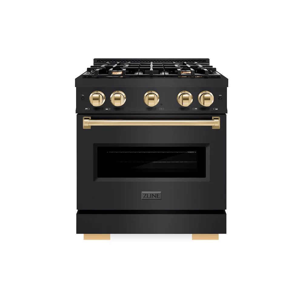 ZLINE Autograph Edition 30 in. 4.2 cu. ft. Classic Dual Fuel Range with 4 Burner Gas Cooktop and Electric Convection Oven in Black Stainless Steel with Polished Gold Accents, Open Box-Great Condition - Image 4