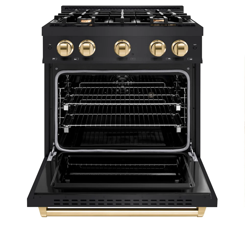 ZLINE Autograph Edition 30 in. 4.2 cu. ft. Classic Dual Fuel Range with 4 Burner Gas Cooktop and Electric Convection Oven in Black Stainless Steel with Polished Gold Accents, Open Box-Great Condition - Image 5