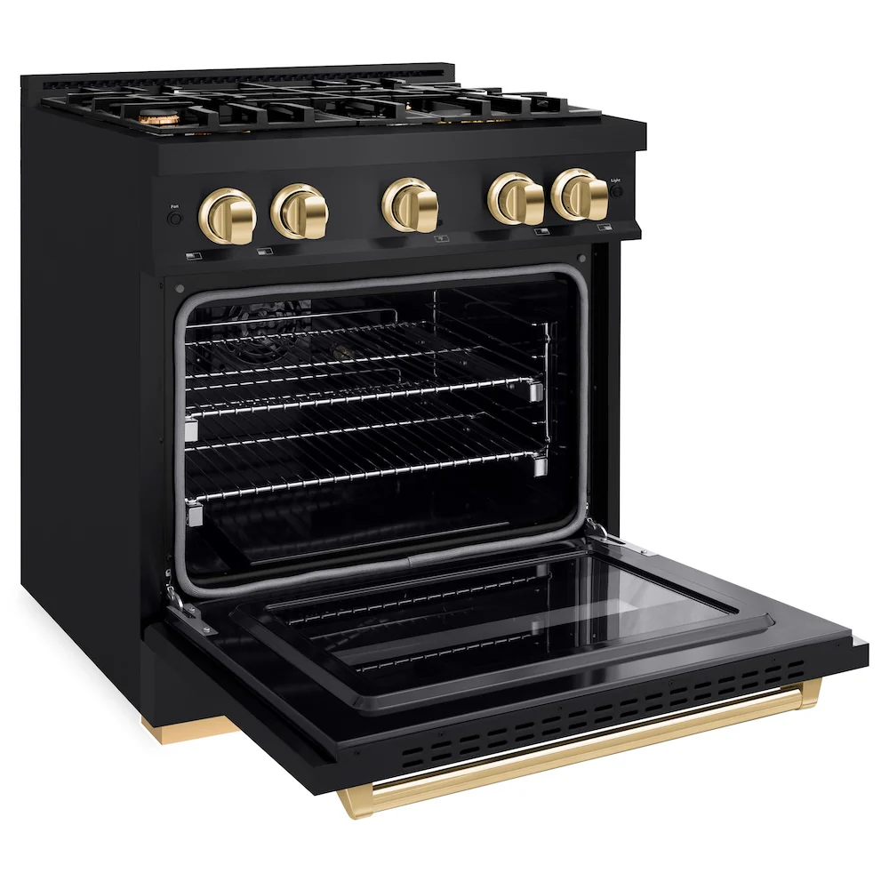 ZLINE Autograph Edition 30 in. 4.2 cu. ft. Classic Dual Fuel Range with 4 Burner Gas Cooktop and Electric Convection Oven in Black Stainless Steel with Polished Gold Accents, Open Box-Great Condition - Image 7