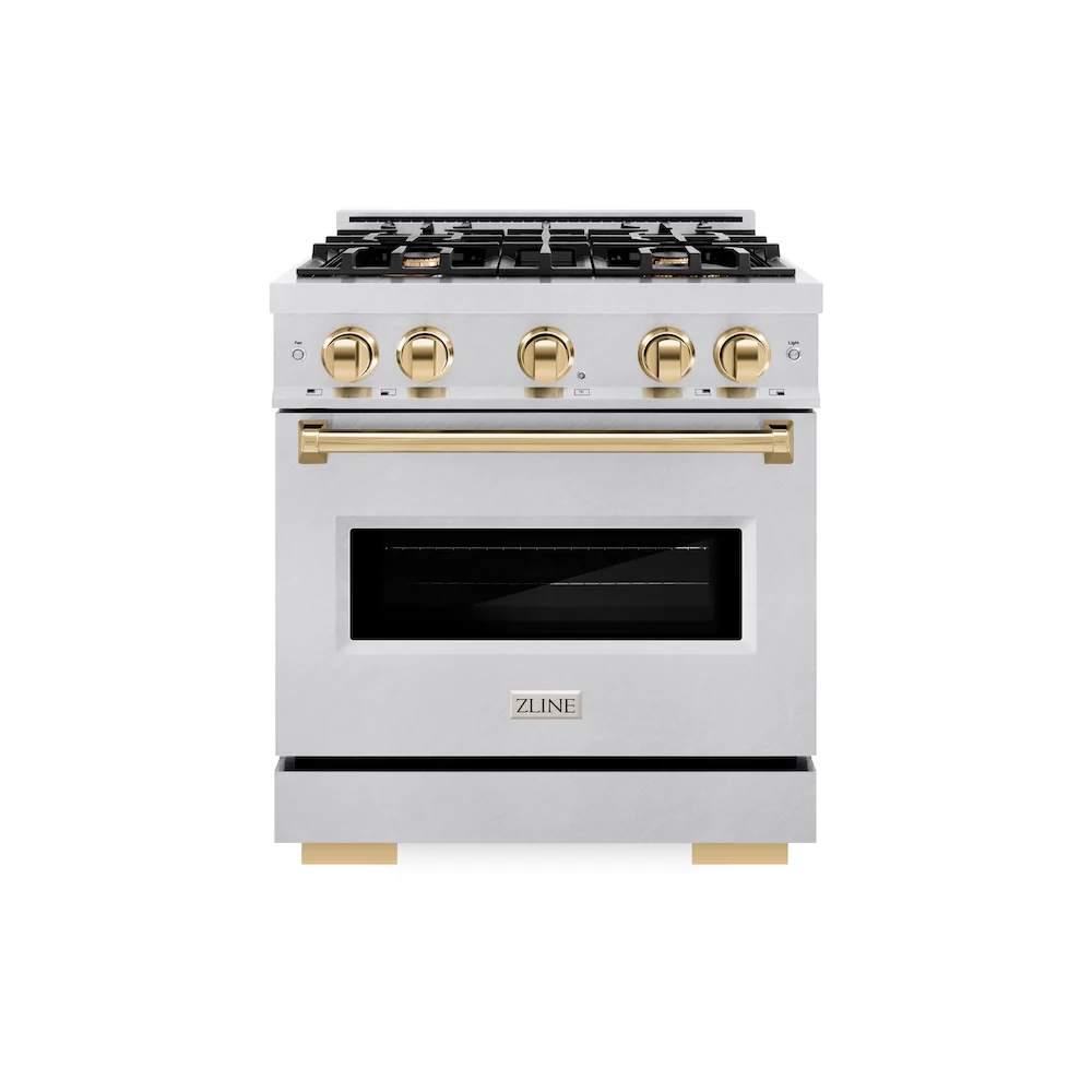 ZLINE Autograph Edition 30 in. 4.2 cu. ft. Classic Dual Fuel Range with 4 Burner Gas Cooktop and Electric Convection Oven in Satin Stainless Steel with Polished Gold Accents, Open Box-Great Condition - Image 3