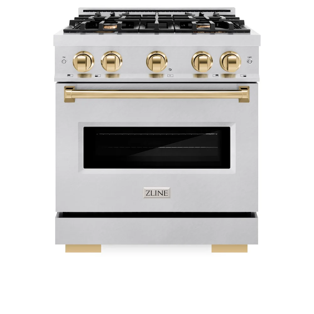 ZLINE Autograph Edition 30 in. 4.2 cu. ft. Classic Dual Fuel Range with 4 Burner Gas Cooktop and Electric Convection Oven in Satin Stainless Steel with Polished Gold Accents, Open Box-Great Condition - Image 4