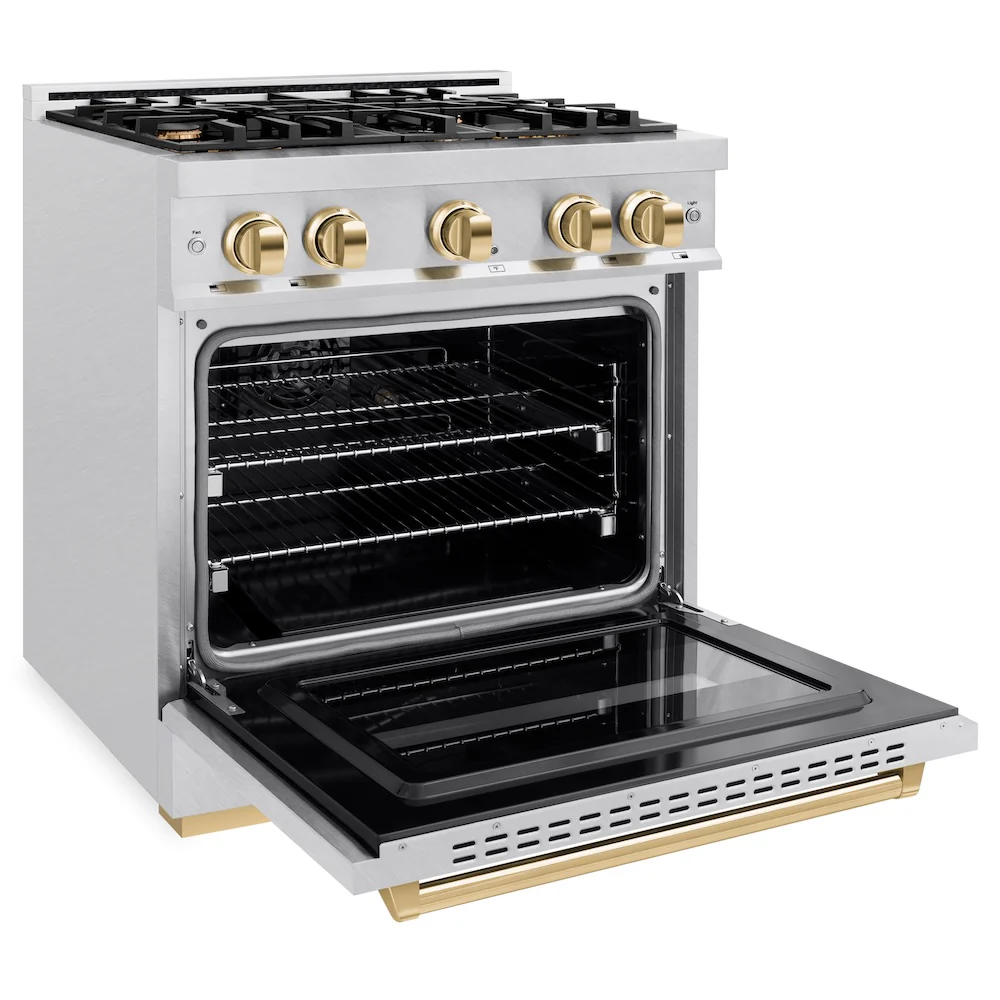 ZLINE Autograph Edition 30 in. 4.2 cu. ft. Classic Dual Fuel Range with 4 Burner Gas Cooktop and Electric Convection Oven in Satin Stainless Steel with Polished Gold Accents, Open Box-Great Condition - Image 7