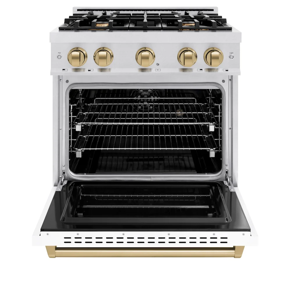 ZLINE Autograph Edition 30 in. 4.2 cu. ft. Classic Dual Fuel Range with 4 Burner Gas Cooktop and Electric Convection Oven in Satin Stainless Steel with White Matte Door and Champagne Bronze Accents, Open Box-Great Condition - Image 5