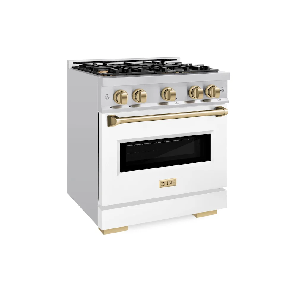 ZLINE Autograph Edition 30 in. 4.2 cu. ft. Classic Dual Fuel Range with 4 Burner Gas Cooktop and Electric Convection Oven in Stainless Steel with White Matte Door and Champagne Bronze Accents, Open Box-Great Condition