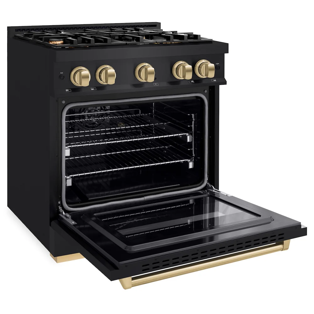 ZLINE Autograph Edition 30 in. 4.2 cu. ft. Classic Gas Range with 4 Burner Cooktop and Convection Gas Oven in Black Stainless Steel and Champagne Bronze Accents, Open Box-Great Condition - Image 8