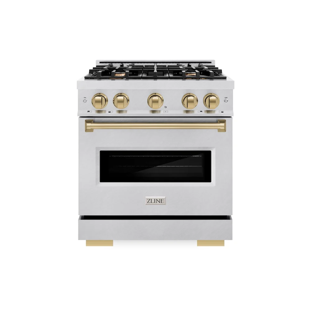 ZLINE Autograph Edition 30 in. 4.2 cu. ft. Classic Gas Range with 4 Burner Cooktop and Convection Gas Oven in Satin Stainless Steel and Champagne Bronze Accents, Open Box-Great Condition - Image 3