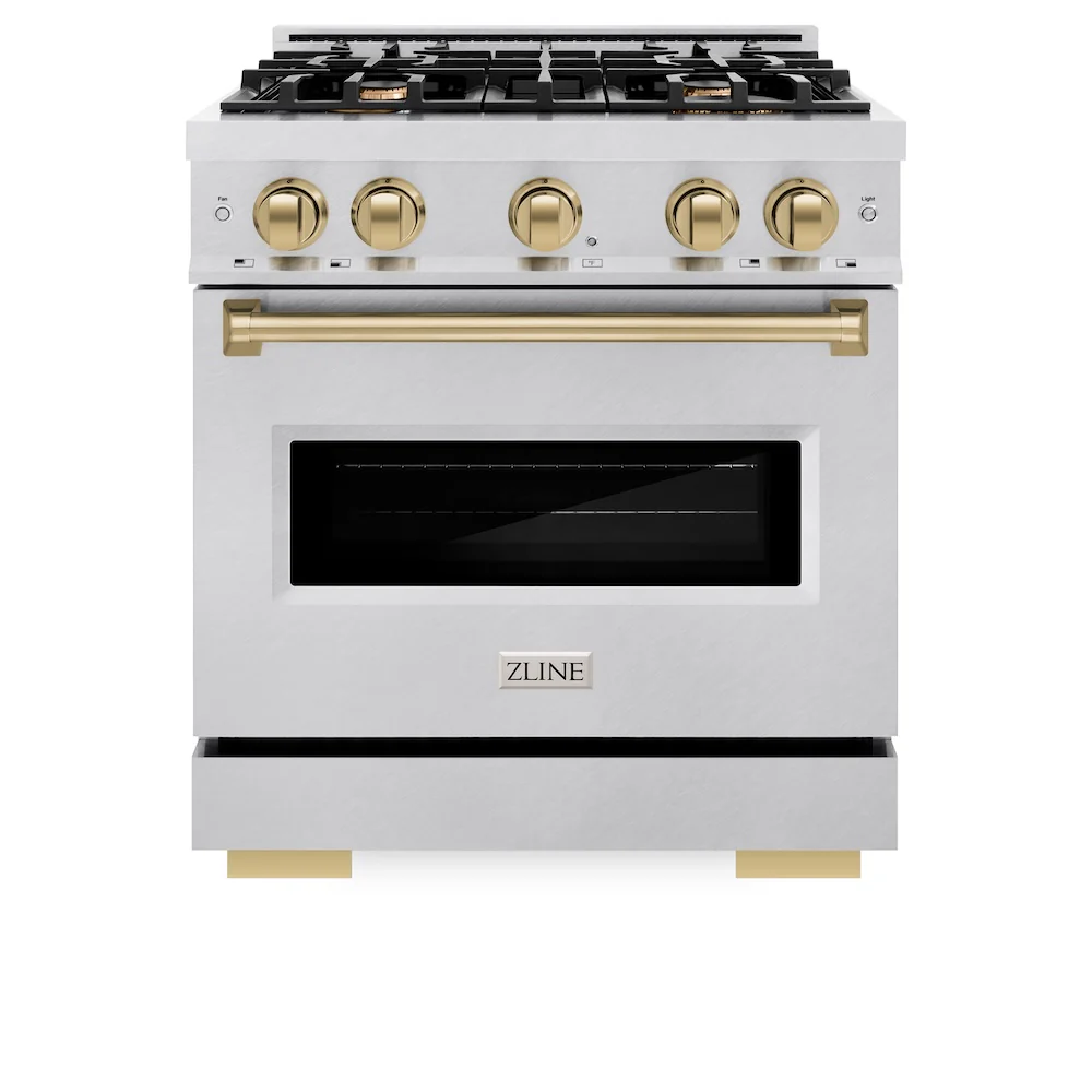 ZLINE Autograph Edition 30 in. 4.2 cu. ft. Classic Gas Range with 4 Burner Cooktop and Convection Gas Oven in Satin Stainless Steel and Champagne Bronze Accents, Open Box-Great Condition - Image 4