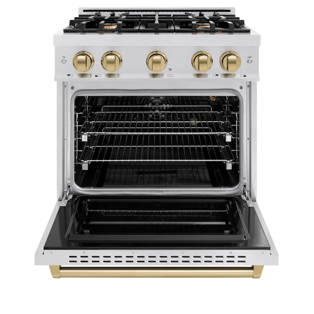 ZLINE Autograph Edition 30 in. 4.2 cu. ft. Classic Gas Range with 4 Burner Cooktop and Convection Gas Oven in Satin Stainless Steel and Champagne Bronze Accents, Open Box-Great Condition - Image 5