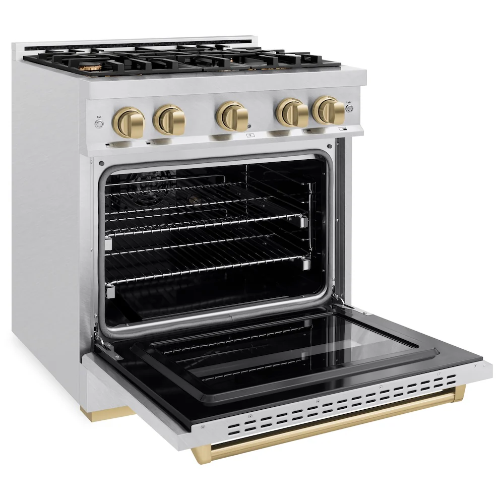 ZLINE Autograph Edition 30 in. 4.2 cu. ft. Classic Gas Range with 4 Burner Cooktop and Convection Gas Oven in Satin Stainless Steel and Champagne Bronze Accents, Open Box-Great Condition - Image 7