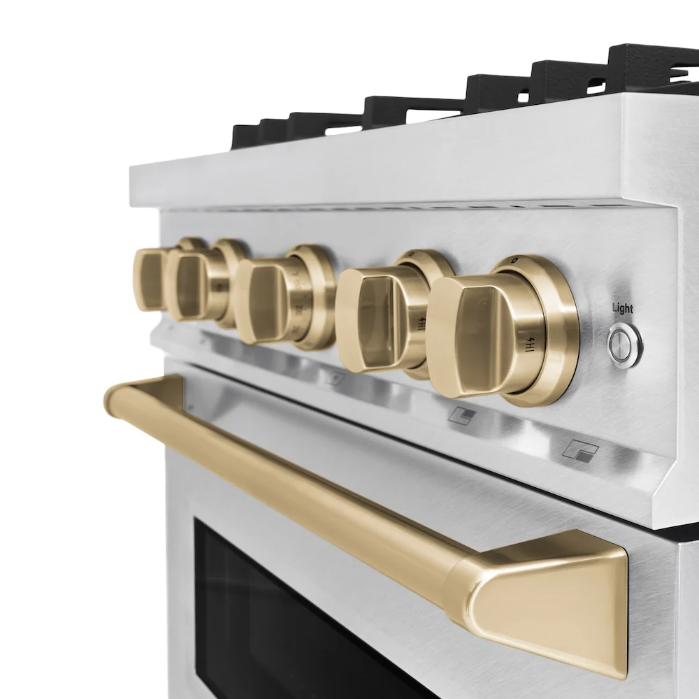 ZLINE Autograph Edition 30 in. 4.2 cu. ft. Classic Gas Range with 4 Burner Cooktop and Convection Gas Oven in Satin Stainless Steel and Champagne Bronze Accents, Open Box-Great Condition - Image 9