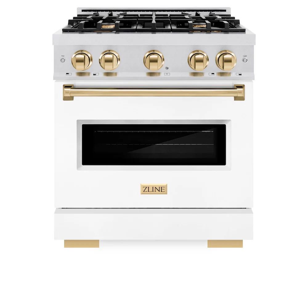 ZLINE Autograph Edition 30 in. 4.2 cu. ft. Classic Gas Range with 4 Burner Cooktop and Convection Gas Oven in Satin Stainless Steel with White Matte Door and Polished Gold Accents, Open Box-Great Condition - Image 4