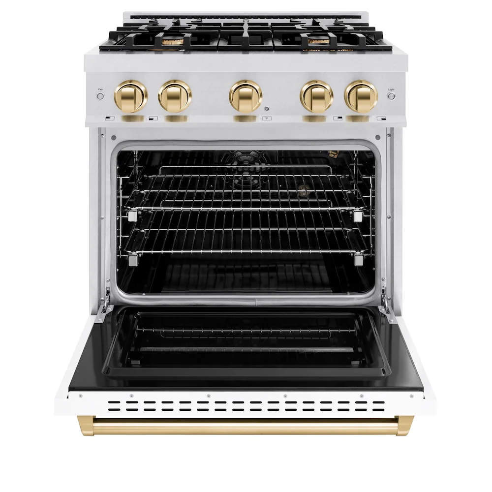 ZLINE Autograph Edition 30 in. 4.2 cu. ft. Classic Gas Range with 4 Burner Cooktop and Convection Gas Oven in Satin Stainless Steel with White Matte Door and Polished Gold Accents, Open Box-Great Condition - Image 5