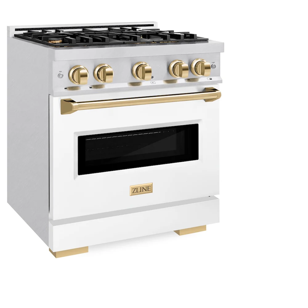 ZLINE Autograph Edition 30 in. 4.2 cu. ft. Classic Gas Range with 4 Burner Cooktop and Convection Gas Oven in Satin Stainless Steel with White Matte Door and Polished Gold Accents, Open Box-Great Condition - Image 6