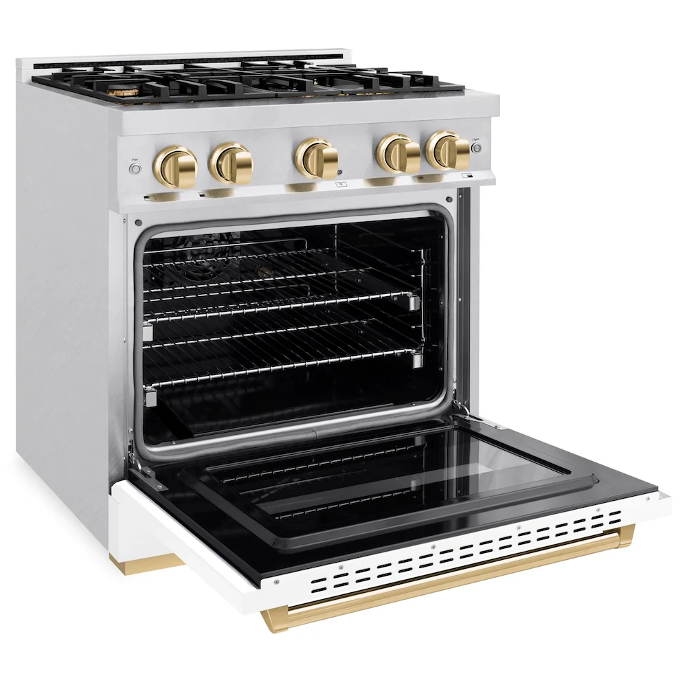 ZLINE Autograph Edition 30 in. 4.2 cu. ft. Classic Gas Range with 4 Burner Cooktop and Convection Gas Oven in Satin Stainless Steel with White Matte Door and Polished Gold Accents, Open Box-Great Condition - Image 7