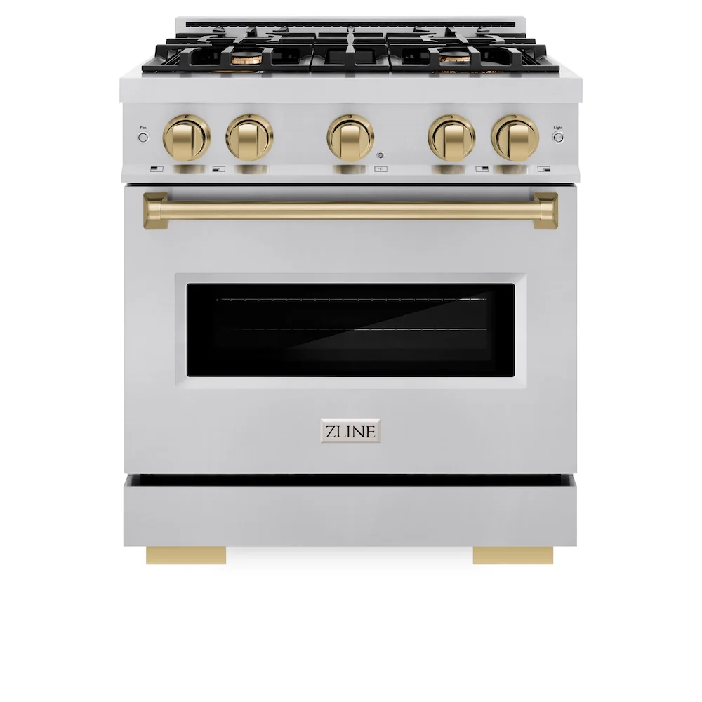ZLINE Autograph Edition 30 in. 4.2 cu. ft. Classic Gas Range with 4 Burner Cooktop and Convection Gas Oven in Stainless Steel and Champagne Bronze Accents, Open Box-Great Condition - Image 5