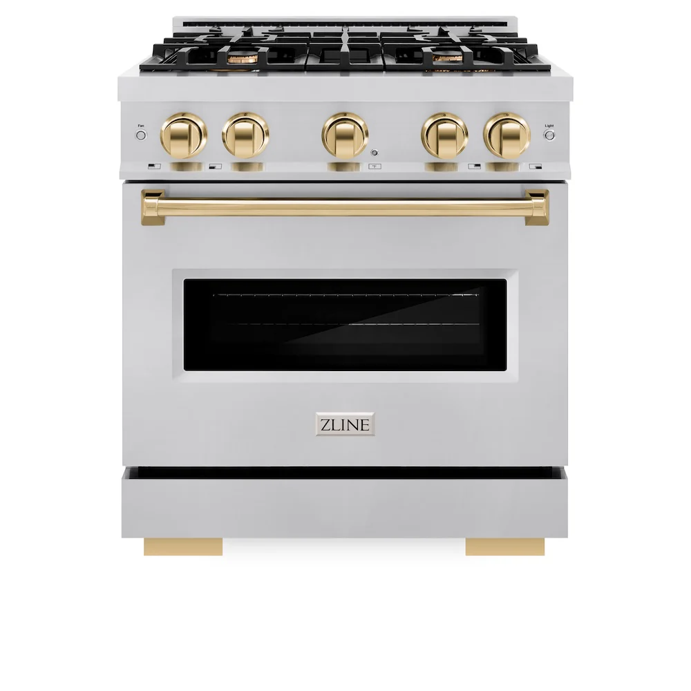 ZLINE Autograph Edition 30 in. 4.2 cu. ft. Classic Gas Range with 4 Burner Cooktop and Convection Gas Oven in Stainless Steel and Polished Gold Accents, Open Box-Great Condition - Image 4