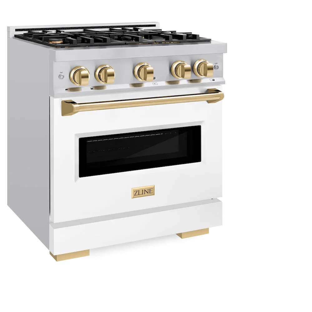ZLINE Autograph Edition 30 in. 4.2 cu. ft. Classic Gas Range with 4 Burner Cooktop and Convection Gas Oven in Stainless Steel with White Matte Door and Polished Gold Accents, Open Box-Great Condition - Image 6