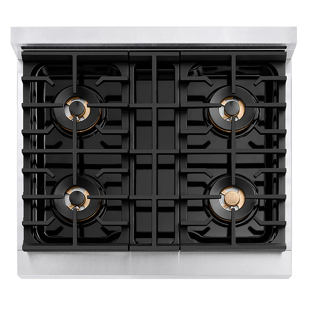 ZLINE Autograph Edition 30 in. 4.2 cu. ft. Paramount Dual Fuel Range with 4 Burner DuoPro™ Cooktop and Electric Convection Oven in Satin Stainless Steel and Champagne Bronze Accents, Open Box-Great Condition - Image 2