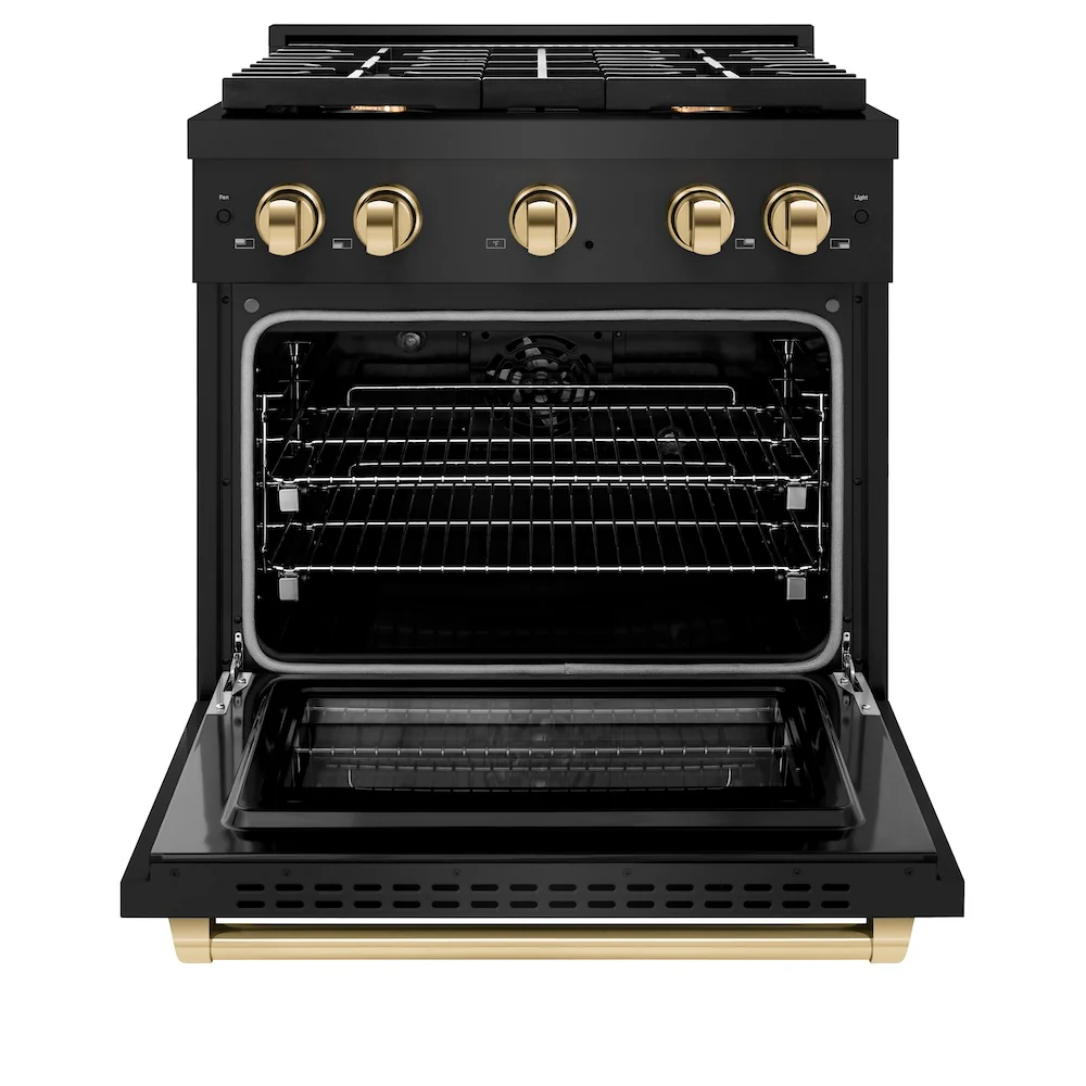ZLINE Autograph Edition 30 in. 4.2 cu. ft. Paramount Dual Fuel Range with 4 Burner Gas Cooktop and Electric Convection Oven in Black Stainless Steel with Polished Gold Accents, Open Box-Great Condition - Image 5