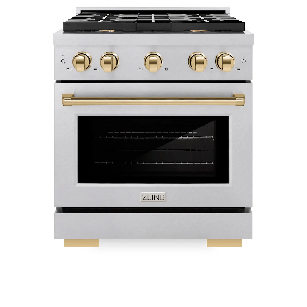 ZLINE Autograph Edition 30 in. 4.2 cu. ft. Paramount Dual Fuel Range with 4 Burner Gas Cooktop and Electric Convection Oven in Satin Stainless Steel with Polished Gold Accents, Open Box-Great Condition - Image 4