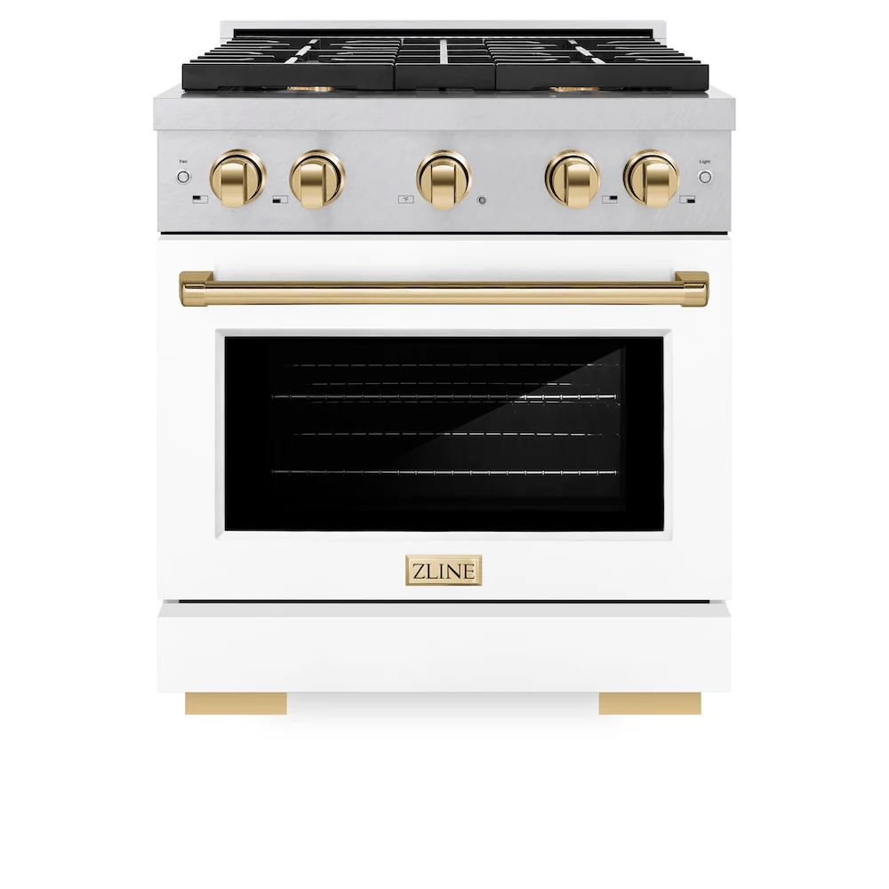 ZLINE Autograph Edition 30 in. 4.2 cu. ft. Paramount Dual Fuel Range with 4 Burner Gas Cooktop and Electric Convection Oven in Satin Stainless Steel with White Matte Door and Polished Gold Accents, Open Box-Great Condition - Image 3