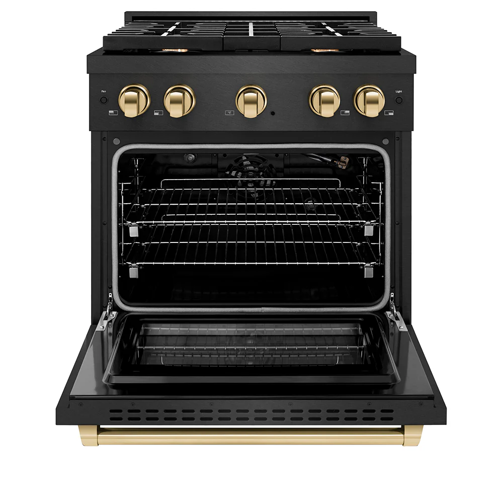ZLINE Autograph Edition 30 in. 4.2 cu. ft. Paramount Gas Range with 4 Burner Cooktop and Convection Gas Oven in Black Satin Stainless Steel and Polished Gold Accents, Open Box-Great Condition - Image 3