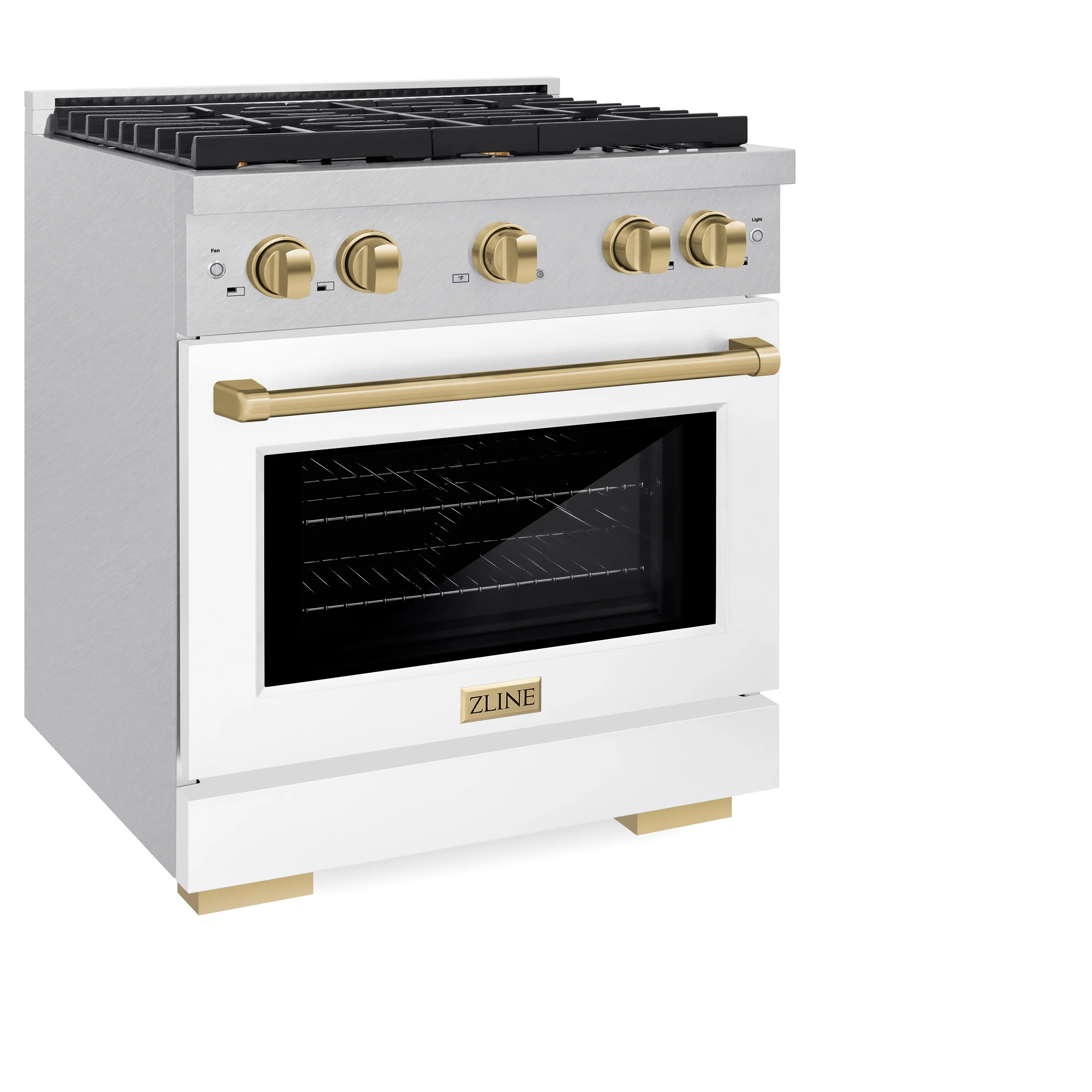 ZLINE Autograph Edition 30 in. 4.2 cu. ft. Paramount Gas Range with 4 Burner Cooktop and Convection Gas Oven in Satin Stainless Steel with White Matte Door and Champagne Bronze Accents, Open Box-Great Condition - Image 6