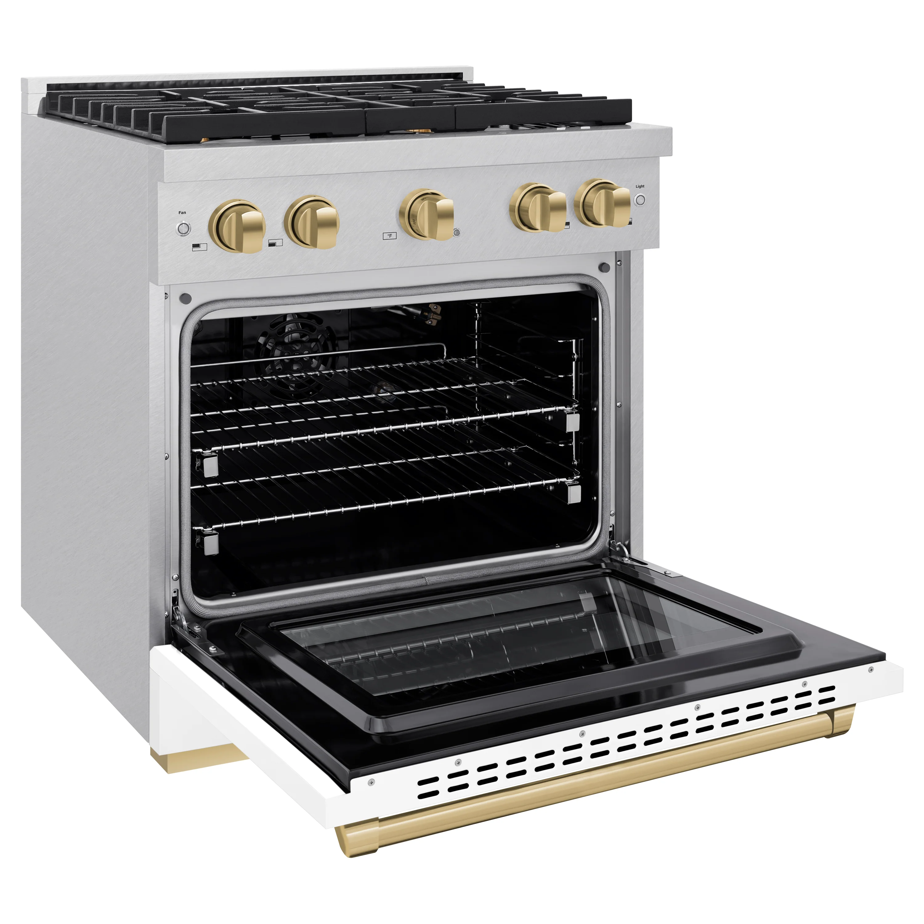 ZLINE Autograph Edition 30 in. 4.2 cu. ft. Paramount Gas Range with 4 Burner Cooktop and Convection Gas Oven in Satin Stainless Steel with White Matte Door and Polished Gold Accents, Open Box-Great Condition - Image 7