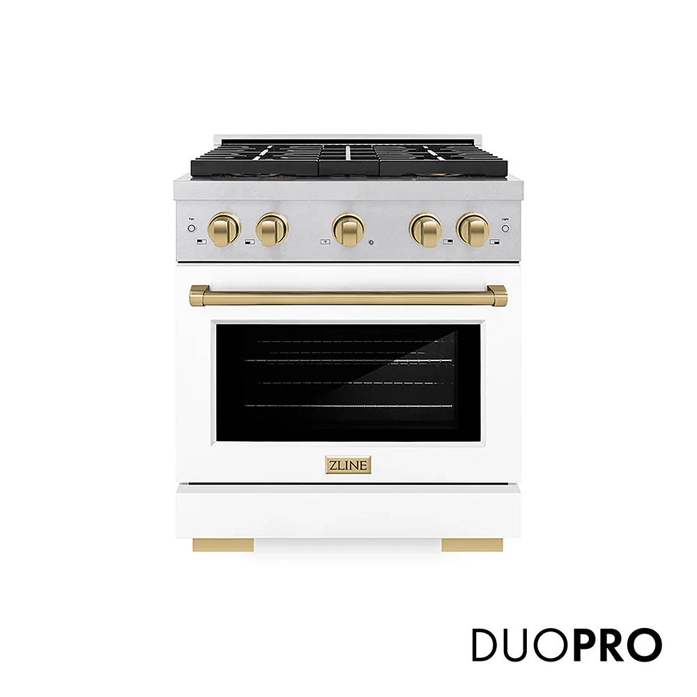 ZLINE Autograph Edition 30 in. 4.2 cu. ft. Paramount Gas Range with 4 Burner DuoPro™ Cooktop and Convection Gas Oven in Satin Stainless Steel with White Matte Door and Champagne Bronze Accents, Open Box-Great Condition