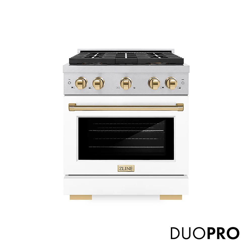 ZLINE Autograph Edition 30 in. 4.2 cu. ft. Paramount Gas Range with 4 Burner DuoPro™ Cooktop and Convection Gas Oven in Satin Stainless Steel with White Matte Door and Polished Gold Accents, Open Box-Great Condition