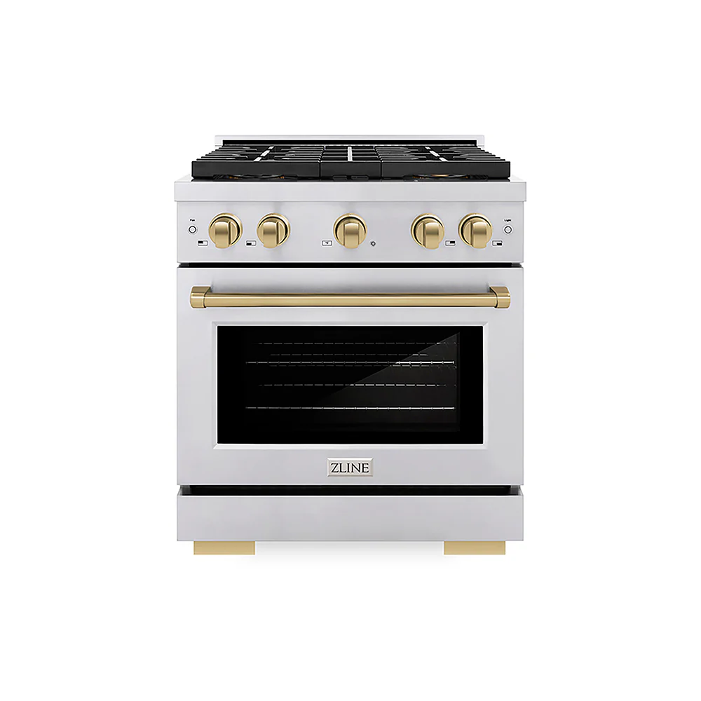 ZLINE Autograph Edition 30 in. 4.2 cu. ft. Paramount Gas Range with 4 Burner DuoPro™ Cooktop and Convection Gas Oven in Stainless Steel with Champagne Bronze Accents, Open Box-Great Condition - Image 3