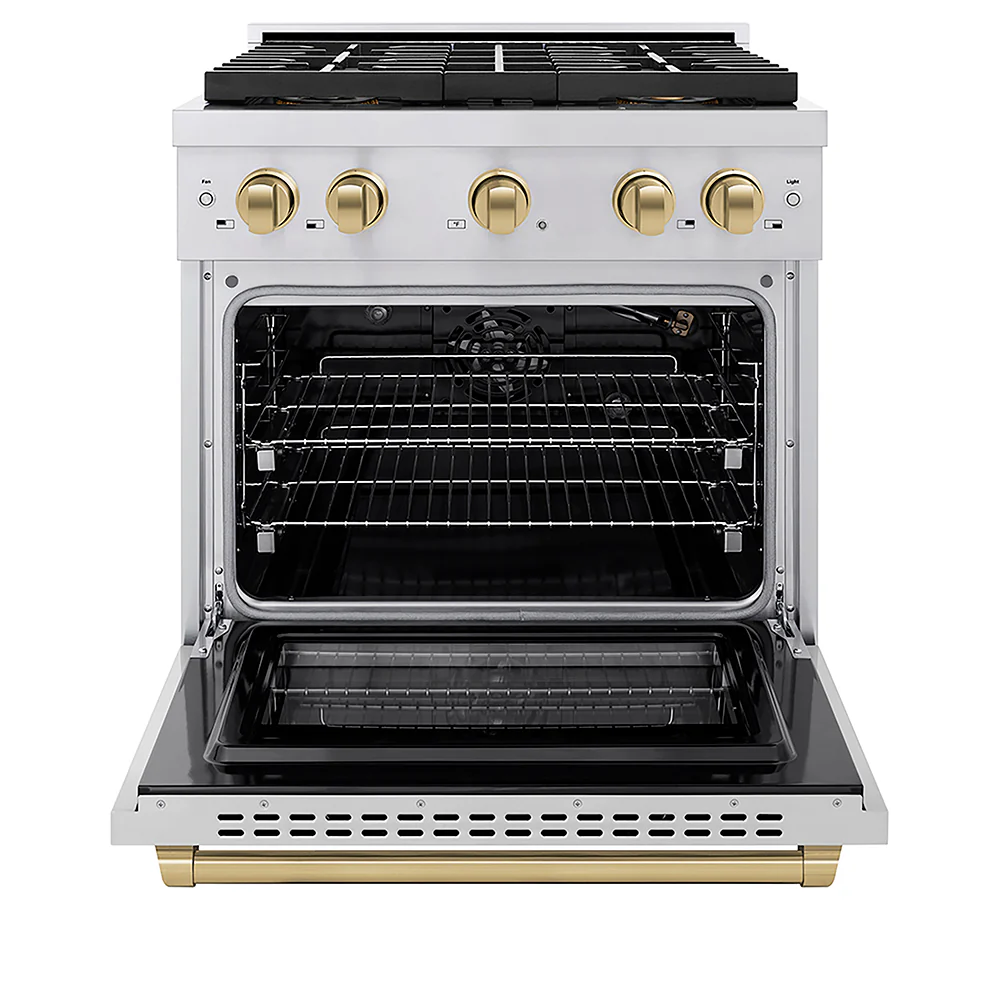 ZLINE Autograph Edition 30 in. 4.2 cu. ft. Paramount Gas Range with 4 Burner DuoPro™ Cooktop and Convection Gas Oven in Stainless Steel with Champagne Bronze Accents, Open Box-Great Condition - Image 4