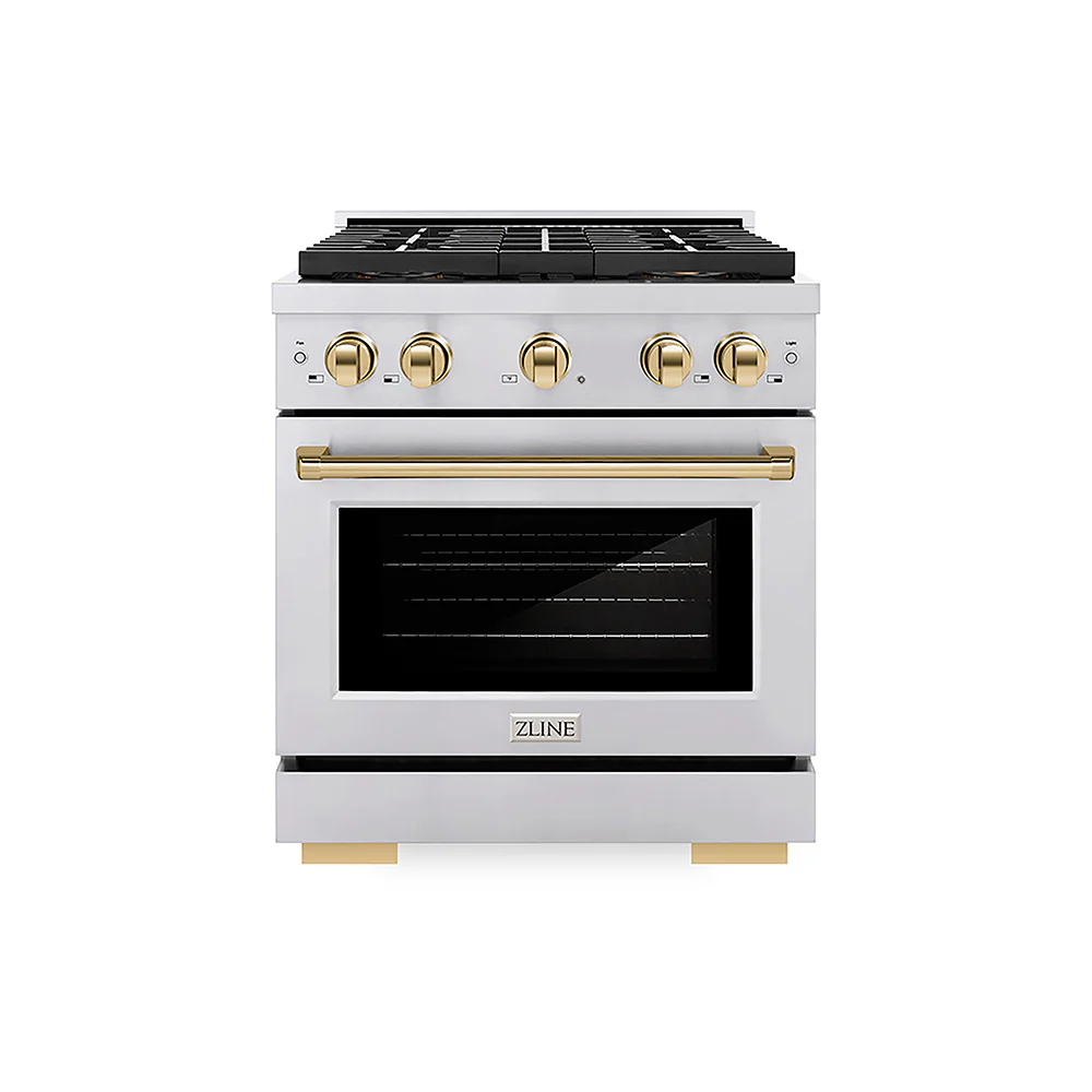 ZLINE Autograph Edition 30 in. 4.2 cu. ft. Paramount Gas Range with 4 Burner DuoPro™ Cooktop and Convection Gas Oven in Stainless Steel with Polished Gold Accents, Open Box-Great Condition - Image 3