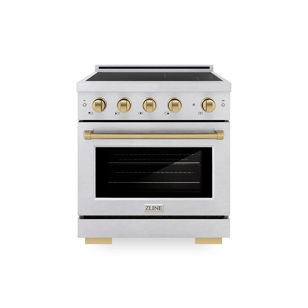 ZLINE Autograph Edition 30 in. 4.2 cu. ft. Paramount Induction Range with 4 Element Cooktop and Electric Convection Oven in Satin Stainless Steel with Champagne Bronze Accents, Open Box-Great Condition