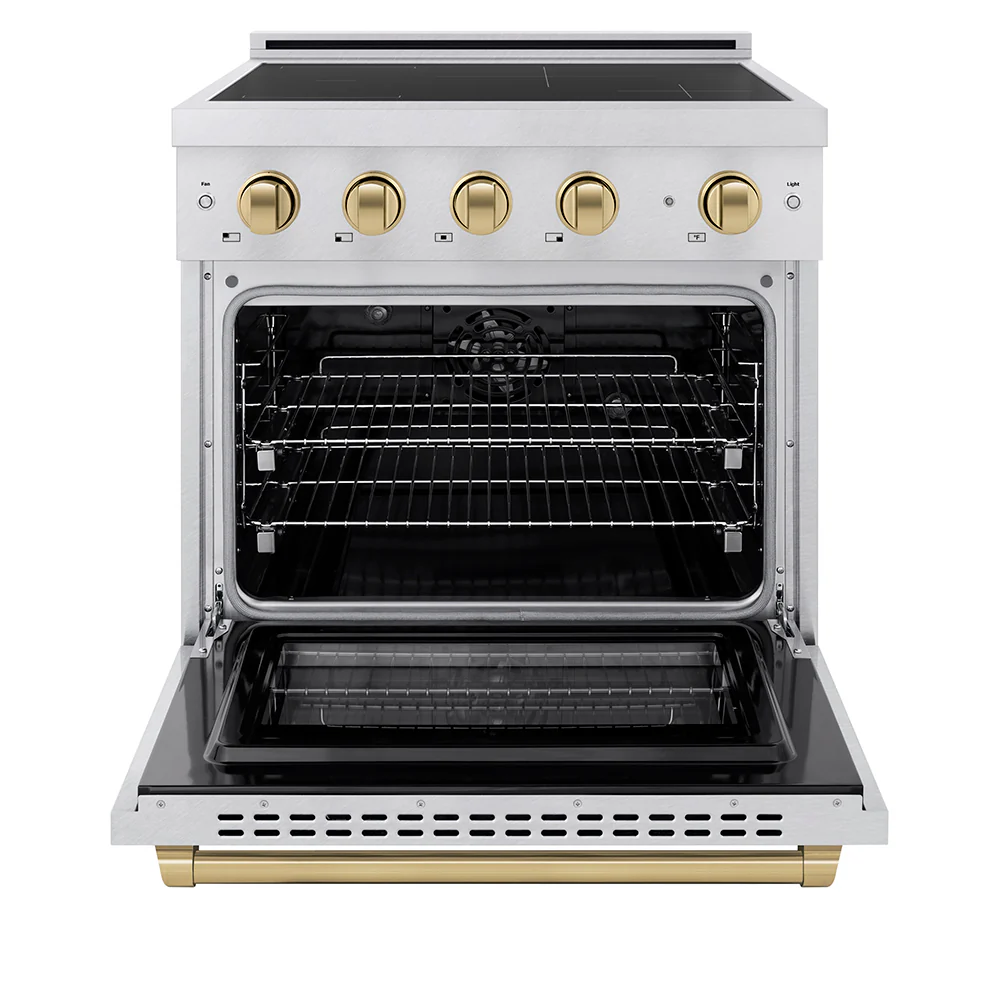 ZLINE Autograph Edition 30 in. 4.2 cu. ft. Paramount Induction Range with 4 Element Cooktop and Electric Convection Oven in Satin Stainless Steel with Champagne Bronze Accents, Open Box-Great Condition - Image 3