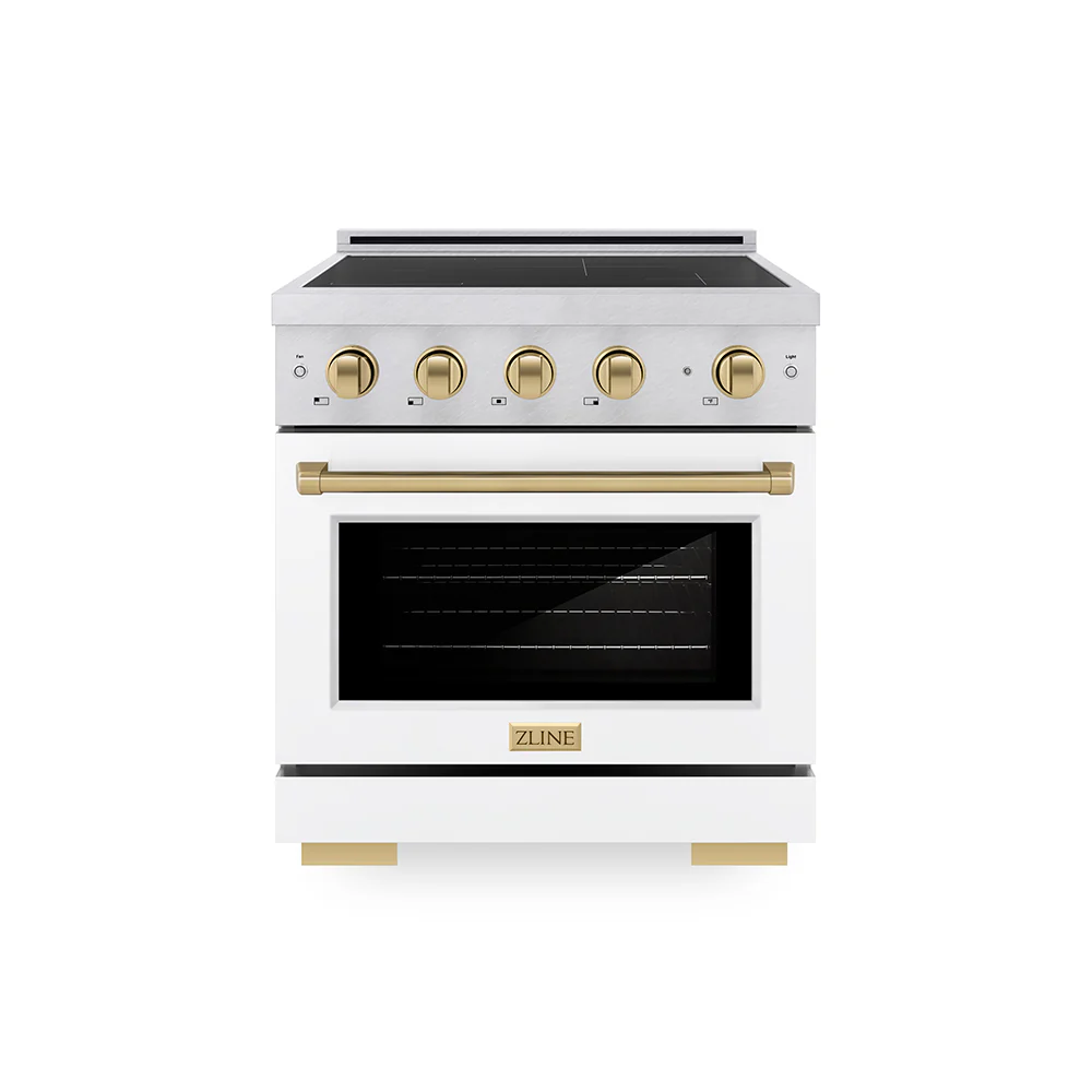 ZLINE Autograph Edition 30 in. 4.2 cu. ft. Paramount Induction Range with 4 Element Cooktop and Electric Convection Oven in Satin Stainless Steel with White Matte Door and Champagne Bronze Accents, Open Box-Great Condition