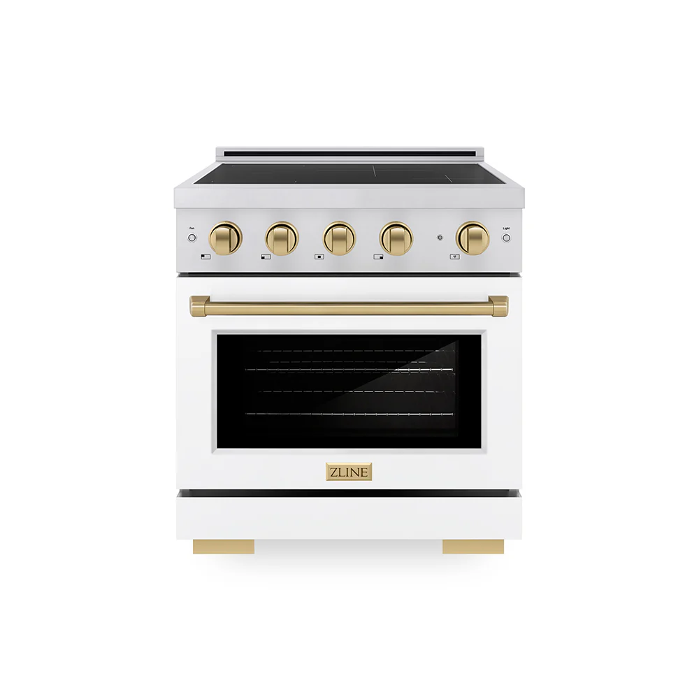 ZLINE Autograph Edition 30 in. 4.2 cu. ft. Paramount Induction Range with 4 Element Cooktop and Electric Convection Oven in Stainless Steel with White Matte Door and Champagne Bronze Accents, Open Box-Great Condition