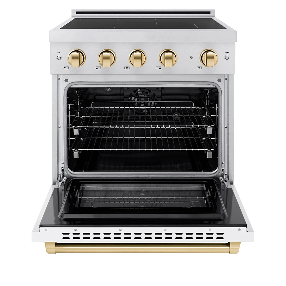 ZLINE Autograph Edition 30 in. 4.2 cu. ft. Paramount Induction Range with 4 Element Cooktop and Electric Convection Oven in Stainless Steel with White Matte Door and Polished Gold Accents (SINRZ-WM-30-G) - Image 4