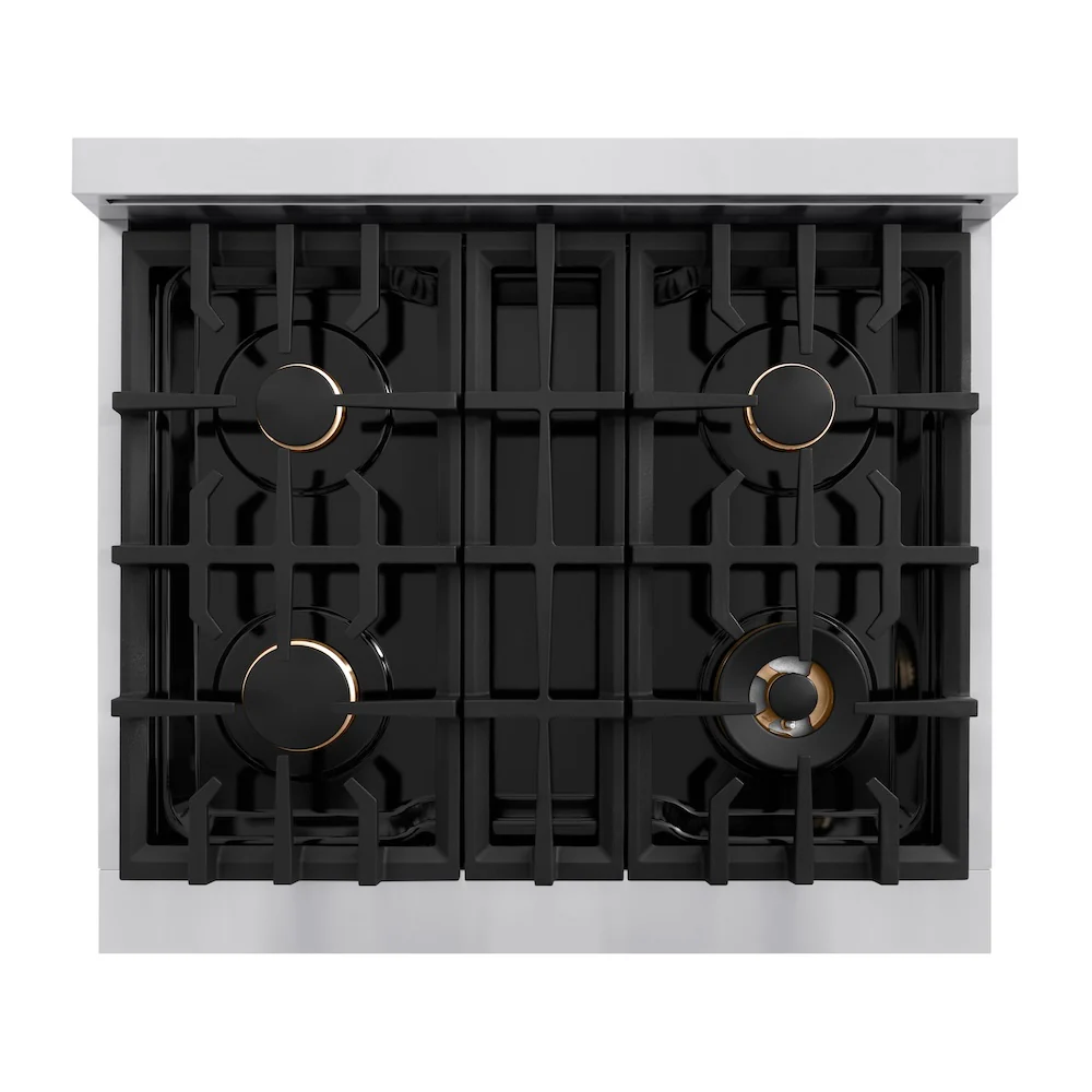 ZLINE Autograph Edition 30 in. 4.2 cu. ft. Select Dual Fuel Range with 4 Burner Gas Cooktop and Electric Convection Oven in Stainless Steel with Champagne Bronze Accents, Open Box-Great Condition - Image 2