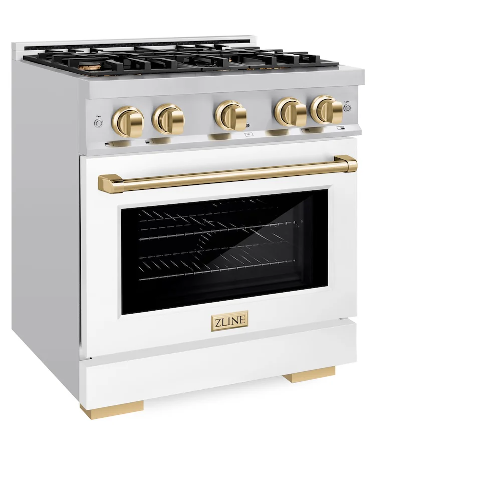 ZLINE Autograph Edition 30 in. 4.2 cu. ft. Select Dual Fuel Range with 4 Burner Gas Cooktop and Electric Convection Oven in Stainless Steel with White Matte Door and Polished Gold Accents, Open Box-Great Condition - Image 6
