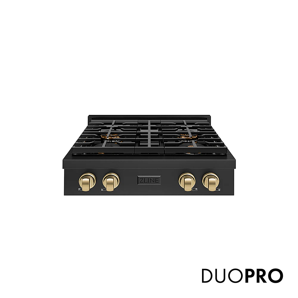 ZLINE Autograph Edition 30 in. Paramount Gas Rangetop with 4 Burner DuoPro™ Cooktop in Black Stainless Steel and Champagne Bronze Accents, Open Box-Great Condition