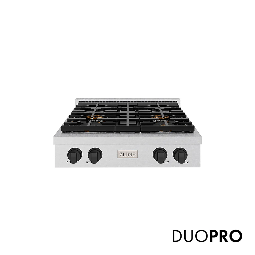 ZLINE Autograph Edition 30 in. Paramount Gas Rangetop with 4 Burner DuoPro™ Cooktop in Satin Stainless Steel and Matte Black Accents, Open Box-Great Condition