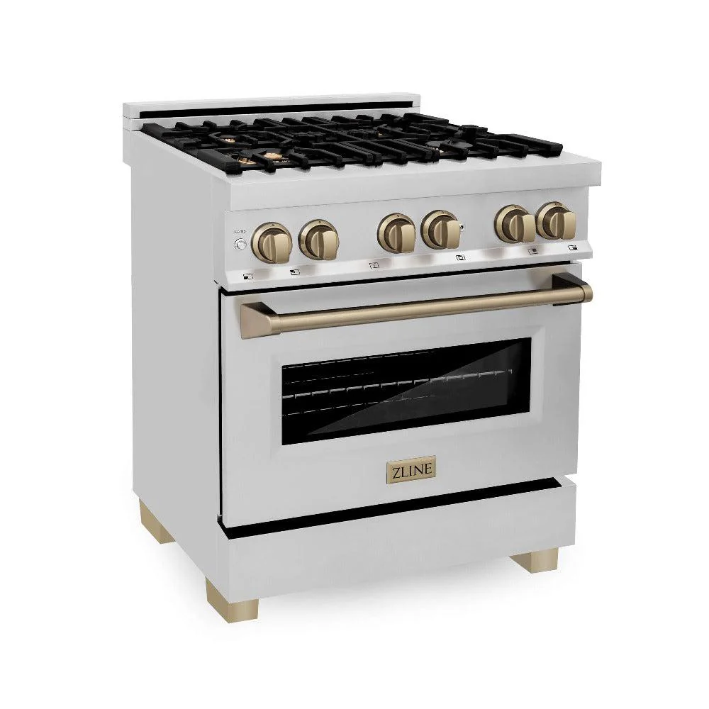 ZLINE 30 in. Autograph Edition Kitchen Package with Stainless Steel Dual Fuel Range, Range Hood, Dishwasher and Refrigeration with Champagne Bronze Accents - Image 2